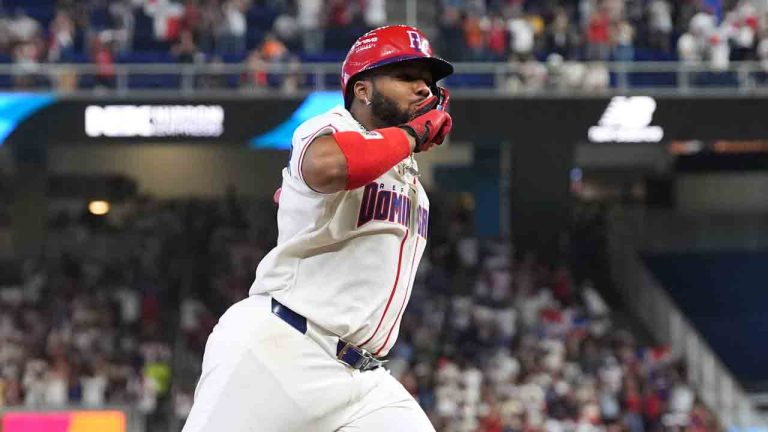 Dominican Republic's Vladimir Guerrero Jr. celebrates as he runs the bases after hitting a two-run homer during the third inning of a World Baseball Classic game against the Netherlands, Sunday, March 8, 2026, in Miami. (Rebecca Blackwell/AP)