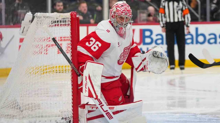 Detroit Red Wings goaltender John Gibson (36) protects the net during the second period of an NHL hockey game against the New Jersey Devils Sunday, March 8, 2026, in Newark, N.J. (Frank Franklin II/AP)
