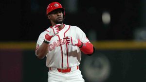 Canada's Otto Lopez reacts after hitting a single against Panama during the second inning of a World Baseball Classic game in San Juan, Puerto Rico, Sunday, March 8, 2026. (Fernando Llano/AP)