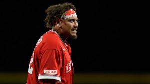 Canada's Josh Naylor reacts after being hit by a pitch during the second inning of a World Baseball Classic game against Puerto Rico in San Juan, Puerto Rico, Tuesday, March 10, 2026. (Fernando Llano/AP)