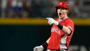 Canada's Owen Caissie reacts after hitting a double against Puerto Rico in the ninth inning of a World Baseball Classic game in San Juan, Puerto Rico, Tuesday, March 10, 2026. (Fernando Llano/AP)