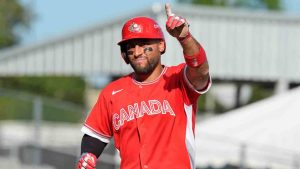 Canada's Abraham Toro celebrates while running the bases after hitting a one-run home run against Cuba during the fifth inning of a World Baseball Classic game in San Juan, Puerto Rico, Wednesday, March 11, 2026. (Fernando Llano/AP)