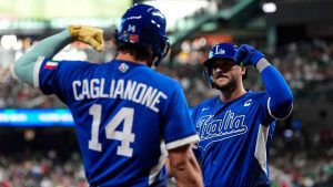 Italy first baseman Vinnie Pasquantino, right, celebrates a home run with right fielder Jac Caglianone in the second inning of a World Baseball Classic game against Mexico, Wednesday, March 11, 2026, in Houston. (Ashley Landis/AP)