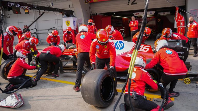 Ferrari team practices pit stop ahead of the Chinese Formula One Grand Prix race at the Shanghai International Circuit, in Shanghai, China, Thursday, March 12, 2026. (Vincent Thian/AP)