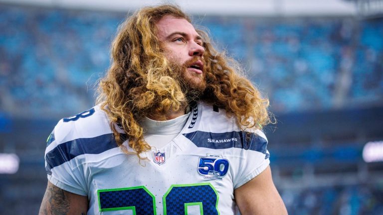 Seattle Seahawks fullback Brady Russell looks to the stands prior to an NFL football game against the Carolina Panthers, Sunday, Dec. 28, 2025, in Charlotte, N.C. (Rusty Jones/AP)