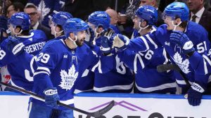 Toronto Maple Leafs Bo Groulx (29) celebrates a goal against the Anaheim Ducks during third period NHL hockey action in Toronto on Thursday, March 12, 2026. (Nathan Denette/CP)