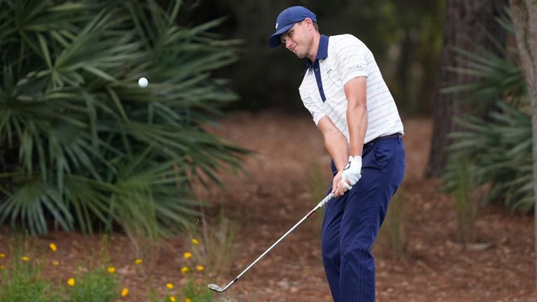 Ludvig Aberg of Sweden, hits on the second hole during the final round of The Players Championship golf tournament, Sunday, March 15, 2026, in Ponte Vedra Beach, Fla. (Gerald Herbert/AP)