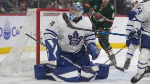 Toronto Maple Leafs goaltender Anthony Stolarz (41) watches the puck during the first period of an NHL hockey game against the Minnesota Wild, Sunday, March 15, 2026, in St. Paul, Minn. (Abbie Parr/AP)