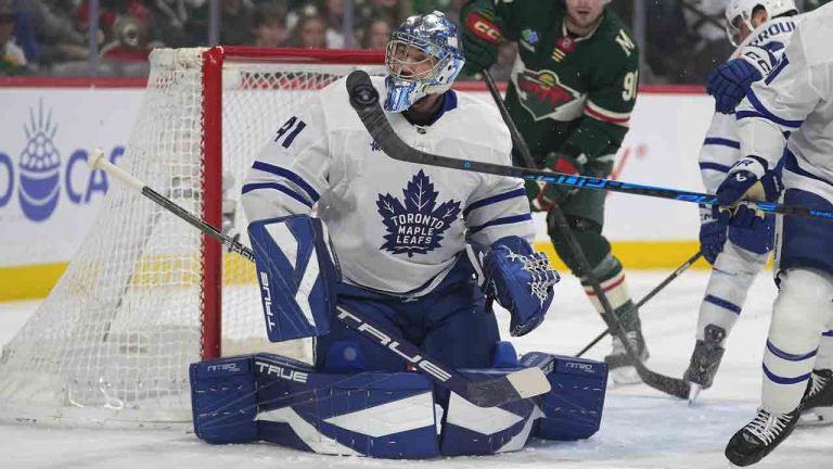Toronto Maple Leafs goaltender Anthony Stolarz (41) watches the puck during the first period of an NHL hockey game against the Minnesota Wild, Sunday, March 15, 2026, in St. Paul, Minn. (Abbie Parr/AP)
