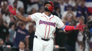 Dominican Republic's Junior Caminero looks up after hitting a home run during the second inning of a World Baseball Classic semifinal game against the United States, Sunday, March 15, 2026, in Miami. (Lynne Sladky/AP)