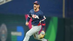 United States shortstop Bobby Witt Jr. reacts after completing a double play during the fifth inning of a World Baseball Classic semifinal game against the Dominican Republic, Sunday, March 15, 2026, in Miami. (Lynne Sladky/AP)