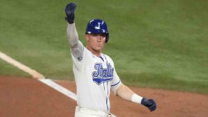 Italy designated hitter Zach Dezenzo gestures to the team after hitting a line drive to center field during the second inning of a World Baseball Classic semifinal game against Venezuela, Monday, March 16, 2026, in Miami. (Lynne Sladky/AP)