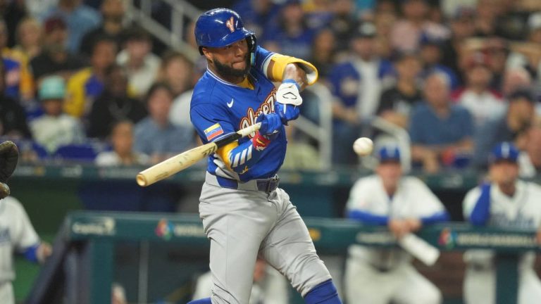 Venezuela Jackson Chourio hits a single during the seventh inning of a World Baseball Classic semifinal game against Italy, Monday, March 16, 2026, in Miami. (Rebecca Blackwell/AP)