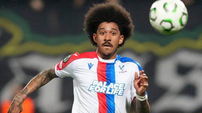 Crystal Palace's Chris Richards challenges for the ball during the Conference League round of 16 second leg soccer match between AEK Larnaca and Chrystal Palace in Larnaca, Cyprus, Thursday, March 19, 2026. (Petros Karadjias/AP)
