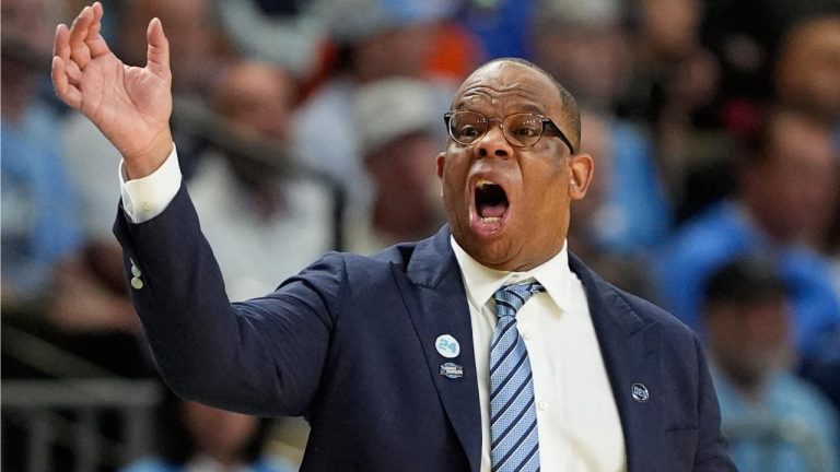 North Carolina head coach Hubert Davis yells during the second half against VCU in the first round of the NCAA college basketball tournament, Thursday, March 19, 2026, in Greenville, S.C. (Chris Carlson/AP)