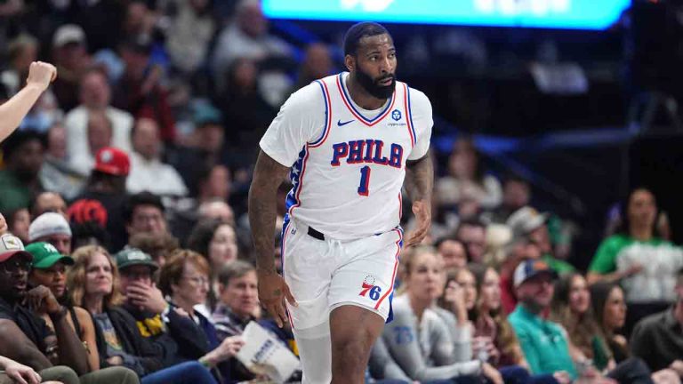Philadelphia 76ers center Andre Drummond (1) in the second half of an NBA basketball game Tuesday, March 17, 2026, in Denver. (David Zalubowski/AP)