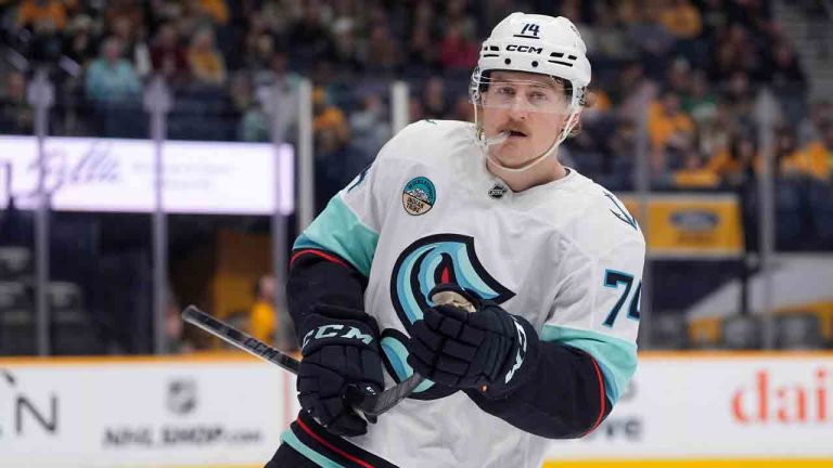 Seattle Kraken center Bobby McMann (74) plays during the second period of an NHL hockey game against the Nashville Predators, Thursday, March 19, 2026, in Nashville, Tenn. (George Walker IV/AP)