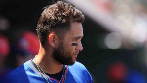 New York Mets' Bo Bichette looks out from the dugout during a spring training baseball game against the Miami Marlins, Sunday, March 22, 2026, in Jupiter, Fla. (Lynne Sladky/AP)