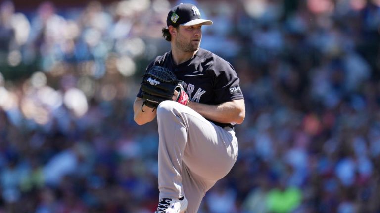 New York Yankees starting pitcher Gerrit Cole throws against the Chicago Cubs during the first inning of a spring training baseball game, Tuesday, March 24, 2026, in Mesa, Ariz. (Ross D. Franklin/AP)