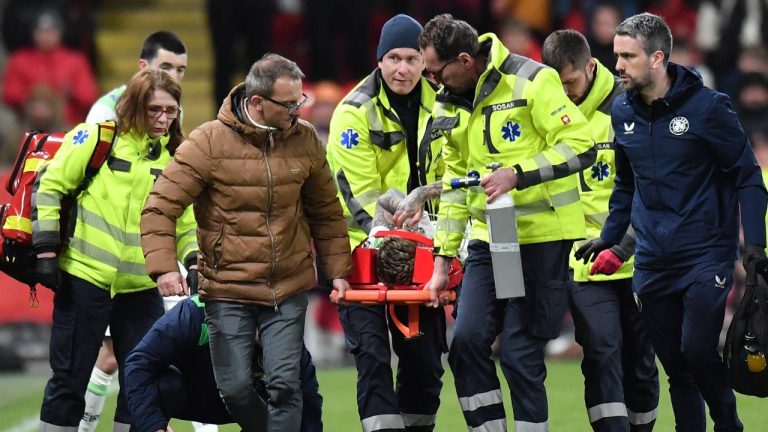 Medics carry Ireland's Sammie Szmodics during a World Cup playoff semifinal soccer match between the Czech Republic and Ireland in Prague, Czech Republic, Thursday, March 26, 2026. (Vit Tcherny/AP)