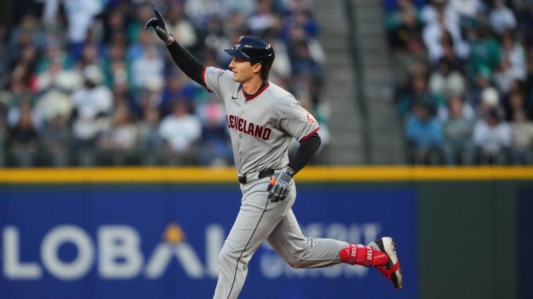 Cleveland Guardians' Chase DeLauter jogs the bases after hitting a solo home run against Seattle Mariners starting pitcher Logan Gilbert during the first inning of an opening-day baseball game, Thursday, March 26, 2026, in Seattle. (Lindsey Wasson/AP)