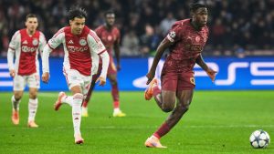 Ajax's Rayane Bounida, centre left, runs during the Champions League between Ajax and Galatasaray in Amsterdam, Netherlands, on Nov. 5, 2025. (Patrick Post/AP)