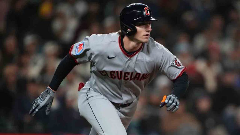Cleveland Guardians' Chase DeLauter runs the base path against the Seattle Mariners during a baseball game, Friday, March 27, 2026, in Seattle. (Lindsey Wasson/AP)