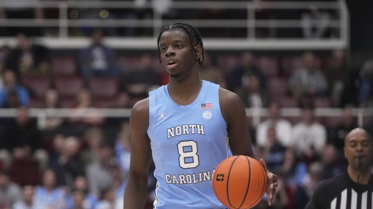 North Carolina forward Caleb Wilson (8) during an NCAA college basketball game against Stanford in Stanford, Calif., Wednesday, Jan. 14, 2026. (AP Photo/Jeff Chiu)