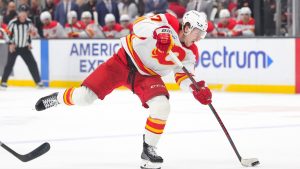 Calgary Flames center Connor Zary shoots during the first period of an NHL hockey game against the Los Angeles Kings Saturday, Feb. 28, 2026 in Los Angeles. (Ryan Sun/AP)