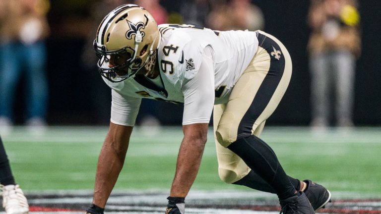 New Orleans Saints defensive end Cameron Jordan lines up during the second half of an NFL game against the Atlanta Falcons, Sunday, Jan. 4, 2026, in Atlanta. (AP/Danny Karnik)