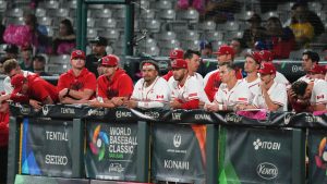 Canada's players react at the bench during the ninth inning of a World Baseball Classic game against Panama in San Juan, Puerto Rico, Sunday, March 8, 2026. (Fernando Llano/AP)