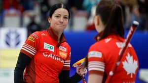 Canada skip Kerri Einarson, left, reacts with second Shannon Birchard after losing to Switzerland in the gold medal draw at the World Women’s Curling Championship in Calgary, Sunday, March 22, 2026. (Jeff McIntosh/CP)