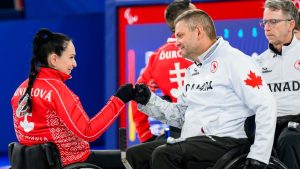 Canadian Paralympic Wheelchair Curling Team competes against Slovakia at the 2026 Paralympic Games in Cortina, Italy, on March 11, 2026. (CP/Canadian Paralympic Committee, Angela Burger)