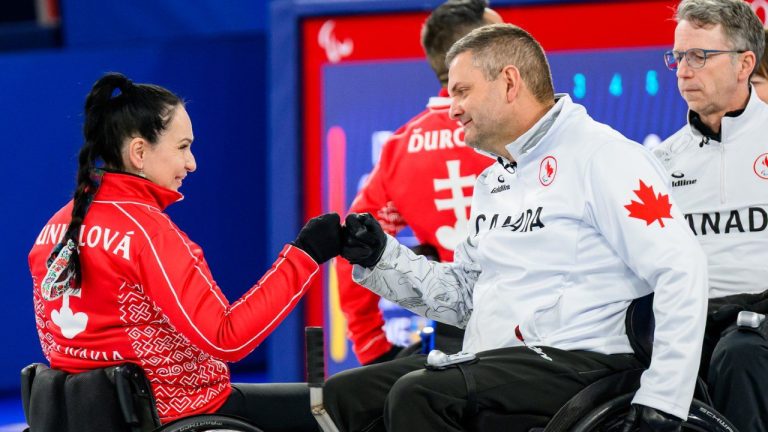Canadian Paralympic Wheelchair Curling Team competes against Slovakia at the 2026 Paralympic Games in Cortina, Italy, on March 11, 2026. (CP/Canadian Paralympic Committee, Angela Burger)
