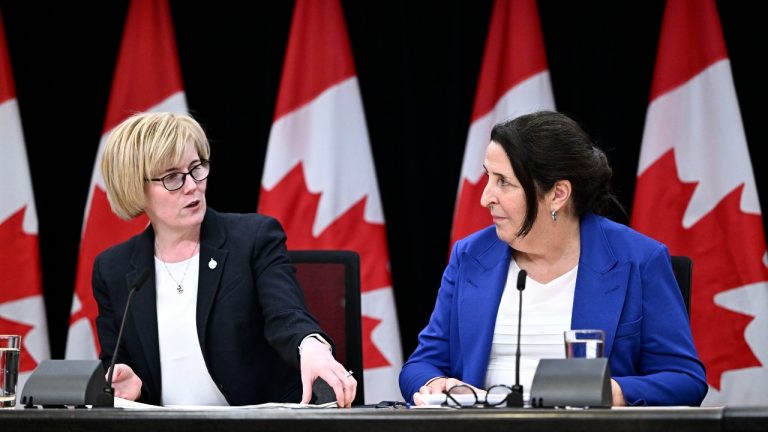 Justice Lise Maisonneuve, right, who will lead the Future of Sport in Canada Commission, participates in a news conference with Minister of Sport and Physical Activity Carla Qualtrough, at the National Press Theatre in Ottawa, on Thursday, May 9, 2024. THE CANADIAN PRESS/Justin Tang