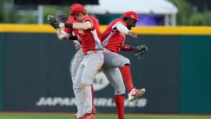 Canadian players celebrate at the end of a World Baseball Classic game Cuba in San Juan, Puerto Rico, Wednesday, March 11, 2026. (Fernando Llano/AP)
