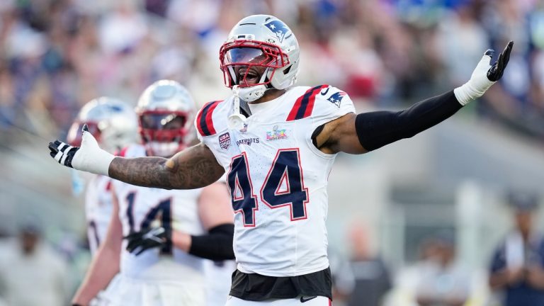 New England Patriots linebacker K'Lavon Chaisson reacts to a call during the first half of the NFL Super Bowl 60 game against the Seattle Seahawks, Sunday, Feb. 8, 2026, in Santa Clara, Calif. (AP/Julio Cortez)