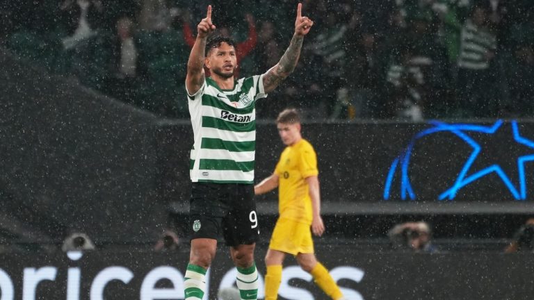 Sporting's Luis Suarez celebrates after scoring his side's third goal during a Champions League round of 16 second leg soccer match between Sporting CP and Bodo Glimt in Lisbon, Portugal, Tuesday, March 17, 2026. (Ana Brigida/AP)