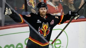 Calgary Flames' Blake Coleman celebrates his goal during third period NHL hockey action against the Carolina Hurricanes in Calgary on Saturday, March 7, 2026. (Jeff McIntosh/CP)