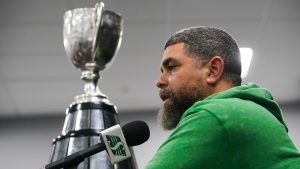Saskatchewan Roughriders head coach Corey Mace speaks during a end-of-season media availability in Regina, Wednesday, Nov. 19, 2025. (Heywood Yu/CP)