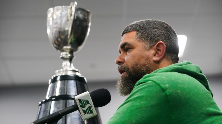 Saskatchewan Roughriders head coach Corey Mace speaks during a end-of-season media availability in Regina, Wednesday, Nov. 19, 2025. (Heywood Yu/CP)