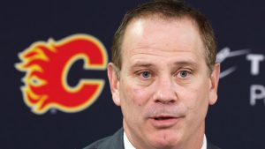Calgary Flames general manager Craig Conroy talks about a two player trade made with the Philadelphia Flyers in Calgary on Thursday, Jan. 30, 2025. (Larry MacDougal/CP)