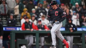 Cleveland Guardians' Chase DeLauter yells while running the bases after hitting a two-run home run against the Seattle Mariners during the 10th inning of a baseball game, Saturday, March 28, 2026, in Seattle. (Lindsey Wasson/AP)