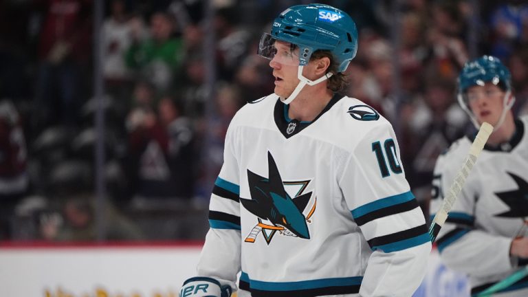 San Jose Sharks centre Ty Dellandrea (10) in the third period of an NHL hockey game Wednesday, Nov. 26, 2025, in Denver. (David Zalubowski/AP)