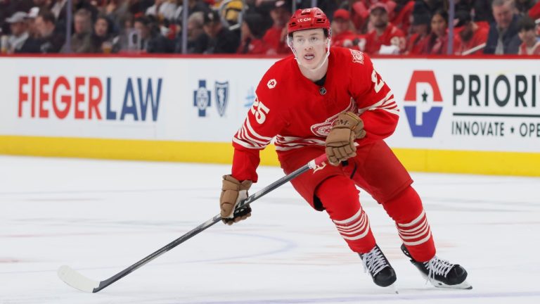 Detroit Red Wings defenseman Jacob Bernard-Docker (25) during the first period of an NHL hockey game Boston Bruins Saturday, March 21, 2026, in Detroit. (Duane Burleson/AP)