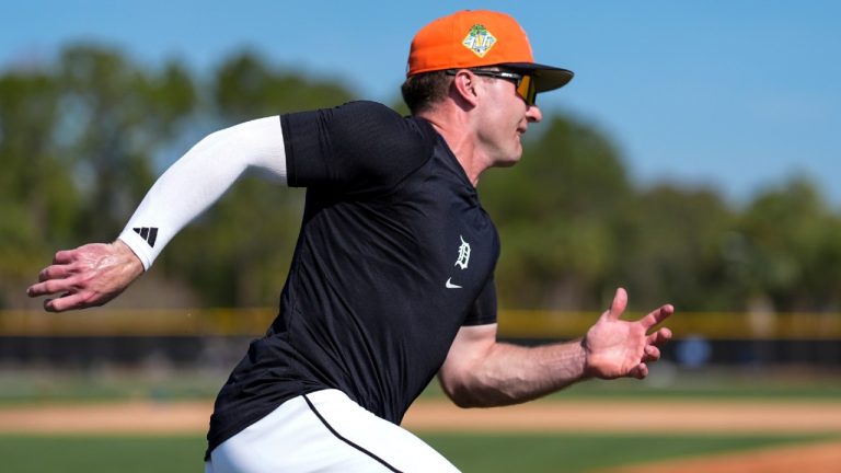 Detroit Tigers' Kevin McGonigle runs during workouts at spring training baseball, Thursday, Feb. 19, 2026, in Lakeland. (Mike Stewart/AP)