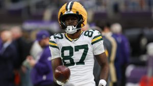 Green Bay Packers wide receiver Romeo Doubs warms up before an NFL game against the Minnesota Vikings, Sunday, Jan. 4, 2026 in Minneapolis. (AP/Stacy Bengs)