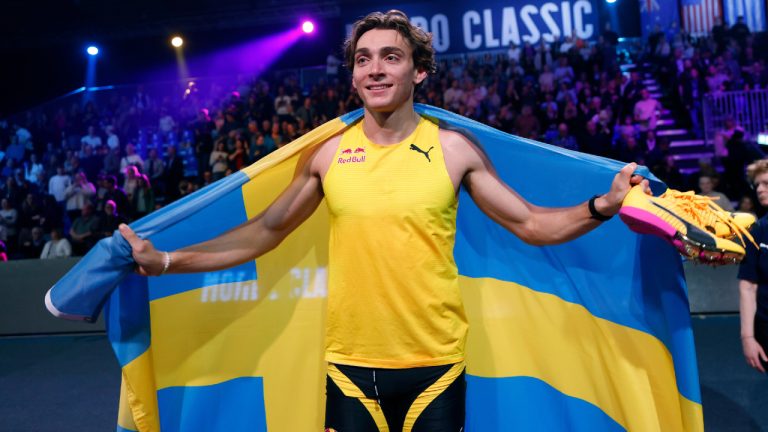 Sweden's Armand Duplantis reacts after clearing 6.31 metres for a men's indoor pole vault world record at the Mondo Classic pole vault gala, Thursday, March 12, 2026, in Uppsala, Sweden. (Fredrik Persson/TT News Agency via AP)