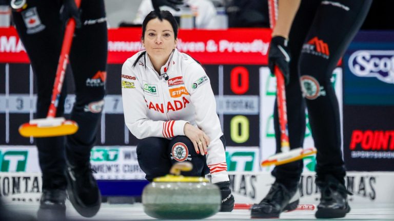 Team Canada skip Kerri Einarson watches her shot against Turkey at the World Women’s Curling Championship in Calgary, Wednesday, March 18, 2026. (Jeff McIntosh/CP)