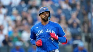 Toronto Blue Jays' Eloy Jiménez against the New York Yankees during the third inning of a spring training baseball game Wednesday, March 11, 2026, in Tampa, Fla. (Chris O'Meara/AP)